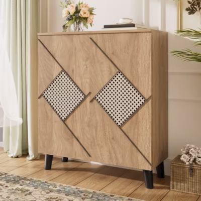Meuble à Chaussures – Meuble d&rsquo;entrée avec Motif en Rotin et Portes Fermées, Structure PB et Étagères Internes, 80x31x91 cm – Bois