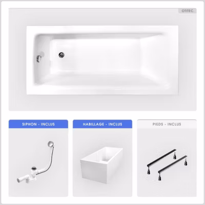 Baignoire rectangulaire – 150 x 70 cm – avec Habillage Polystyrène – Pieds – Vidage Chrome – TALIA SLIM