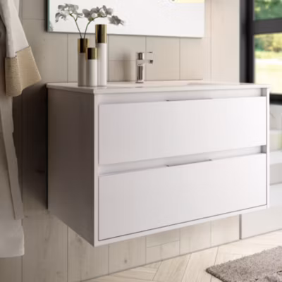 Meuble sous vasque seul, 2 tiroirs, 80cm, simple vasque – blanc laqué – IRIS