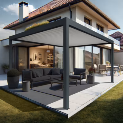 Pergola bioclimatique Xenon II îlot (Vérin à Télécommande + LED 3 côtés – Gris anthracite / Blanc – 4,00 x 5,218m)