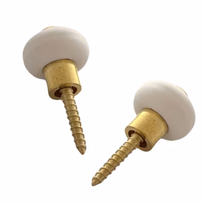 Lot de 2 butoirs sol en zamak laitonné avec vis. Diamètre 30mm, hauteur 30mm. Bague amortisseur en élastomère blanc (caoutchouc).