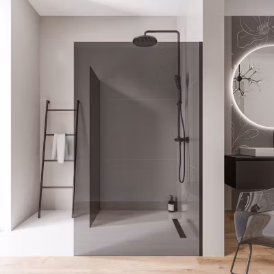 2 Parois de douche italienne d&rsquo;angle 140x200cm + 80cm, verre fumé NANO 10mm, profilé mural inox noir mat, sans profilé sol – EX102