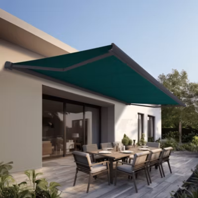 Store banne Coffre intégral PROTECT 2 LED Gris Anthracite 6×3,5m Motorisé à télécommande + Eclairage LED – Toile Verte