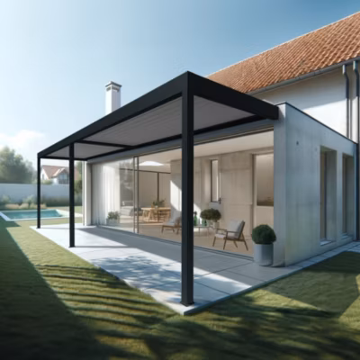 Pergola bioclimatique HELY 8,00×6,037m Vérin à télécommande (Gris anthracite / Blanc)