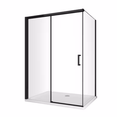 Douche d&rsquo;angle avec paroi fixe et frontale avec fermeture douce amortie cadre noir mat Cm 120 (118-120) x 180 (177-180)