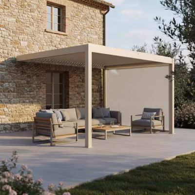 Pergola bioclimatique adossée motorisée 3×4 m et 1 store crème  Oviala