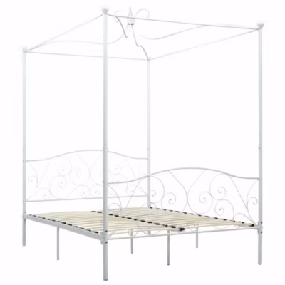 Lit double, Lit adulte, Cadre de lit sans matelas avec baldaquin blanc 140×200 cm métal