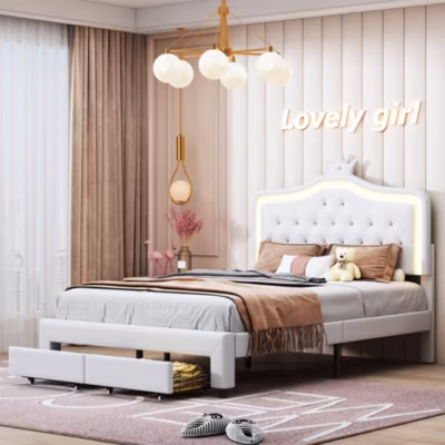 Lit rembourré 140×200 avec LED Tête de Lit, Sommier à Lattes en Bois, Blanc