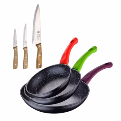 Ensemble de 3 poeles a frire San Ignacio Jolie 18-22-26cm avec couteaux de cuisine