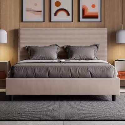 Lit capitonné 160×190 simili cuir gris tourterelle Focus sans sommier