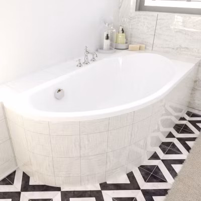 Baignoire asymétrique 145 x 85 Droite MIKI acrylique blanc + Habillage en polystyrène + Pieds + Vidage à chromé