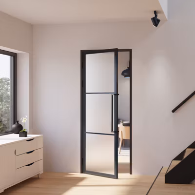 Porte Intérieure Loft En Verre Schulte – 83×197 – Atelier – Noir Mat – Satiné – 3 Vitrages – Tirant Gauche