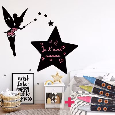 Sticker ardoise tableau noir – stickers muraux adhésif effaçable – FÉE RÊVEUSE + 4 CRAIES LIQUIDES – 105x115cm