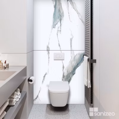 Panneau d&rsquo;Habillage WC suspendu  – 120×120 cm  – Ep. 4mm – Effet Marbre Bleu – CALACATTA BLUE KOBERTIN