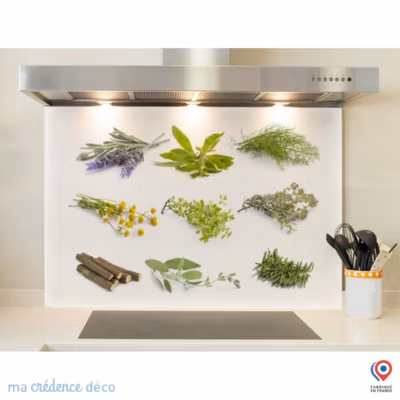 Crédence cuisine fond de hotte Herbier 5 – Verre trempé – L 90 cm x H 50 cm – MaCrédenceDéco