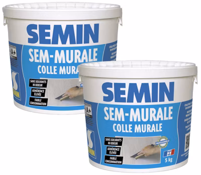 Lot de 2 Colles pour Toiles de Verre et Revêtements Muraux Légers Semin Sem Murale, Prêt à l&rsquo;Emploi, Seau 5 kg