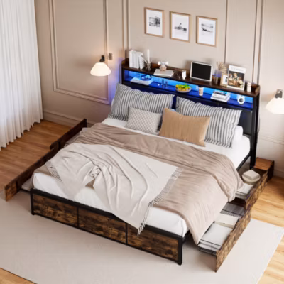 Lit double 180×200 cm avec cadre en métal, tête de lit en PU noir mat motif tigre et éclairage LED intégré