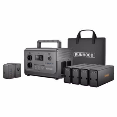 Station d&rsquo;Energie RUNHOOD HE1200 – 1200 W Sinus Pur – 4 EB324 – 648 Wh – Recharge Solaire et AC – Modulaire et Echange a Chaud