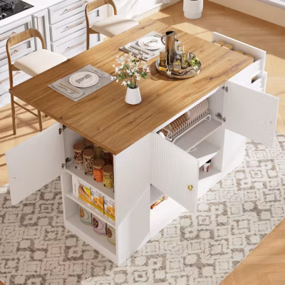 Îlot de Cuisine – Buffet de Cuisine avec Tiroirs et Étagères, Plateau Pliable et Tablette Réglable, MDF Blanc 140x70x90 cm
