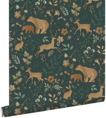 ESTAhome papier peint forêt avec des animaux de la forêt vert foncé et beige – 53 cm x 10.05 m – 139587