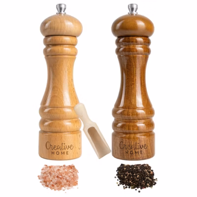 Creative Home Duo Moulin a Poivre et Sel Manuel en Bois – Inclus Mini Cuillère – Hauteur 18 cm – Salière et Poivrière Cuisine