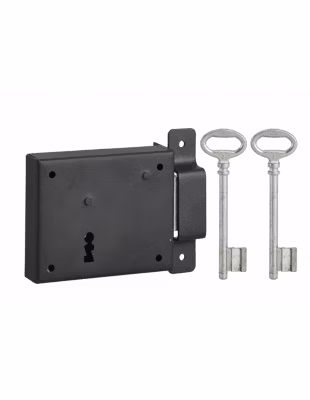 Serrure horizontale en applique à clé pour porte de cave, pêne seul, droite, axe 60mm, 95x76mm, noir, 2 clés – THIRARD