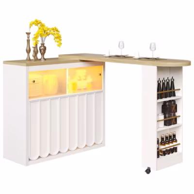 Table Bar Extensible 135-205x39x100cm Blanc, LED, Rangement, Mobile