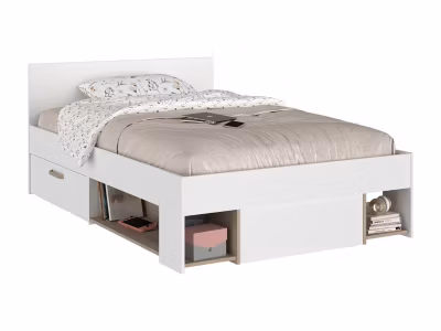 Lit 120 x 190/200 cm avec rangements – Blanc et naturel – KINSELIA