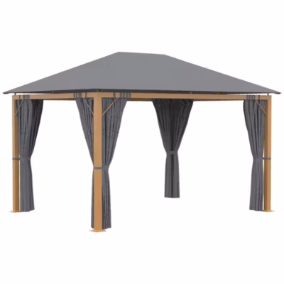Pavillon de jardin style contemporain – barnum avec rideaux – dim. 3,97L x 2,97l x 2,8H m – alu. aspect bois polyester gris