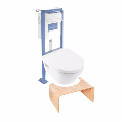 Pack WC suspendu sans bride VILLEROY ET BOCH Architectura 37 x 53 + abattant + plaque blanche + bâti  + Tabouret bois