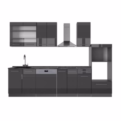 Vicco Cuisine Anthracite Haute brillance 300cm avec armoire haute, PT Anthracite