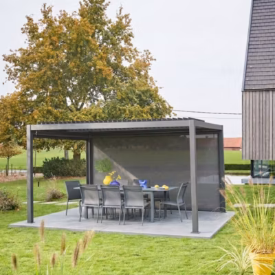 Pergola bioclimatique aluminium et acier 3x4m lames orientables + store 4m PALACE anthracite