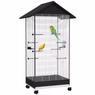 Cage oiseau sur roulettes – grande volière – plateau dejection amovible, mangeoires, perchoirs, portes – blanc noir