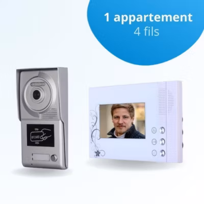 Portier interphone vidéo classic 4 fils – 1 appartement – 1 écran blanc – avec lecteur de badge