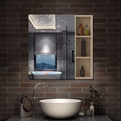 Armoire de Toilette Mural avec Miroir Niches Intégrées et Rangement Fermé – Moderne,Chêne, 70×70 cm, AICA Sanitaire