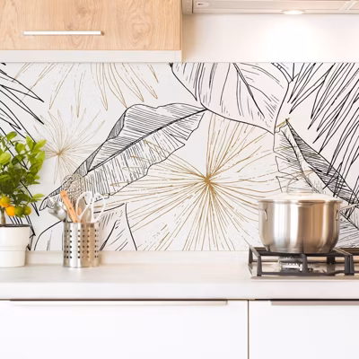 Crédence cuisine en aluminium – floral noir et doré – 240×50 cm (en 2 bandeaux)