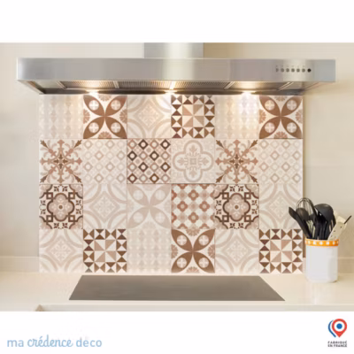 Crédence cuisine fond de hotte Carreaux ciment ocre – Verre trempé – L 90 cm x H 50 cm – MaCrédenceDéco