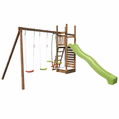 Aire de jeux SOULET HAPPY Swing & Climbing 150 avec portique, mur d&rsquo;escalade pour enfants 3 à 12 ans