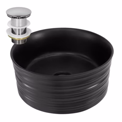 Vasque a poser céramique noir lavabo avec garniture de vidage chrome 410×180 mm