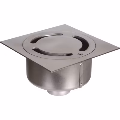 Siphon de sol Netdrain Standard ACO – Inox 304 sablée – Platine 200 x 200 mm – Sortie verticale DN63 mm – PMR