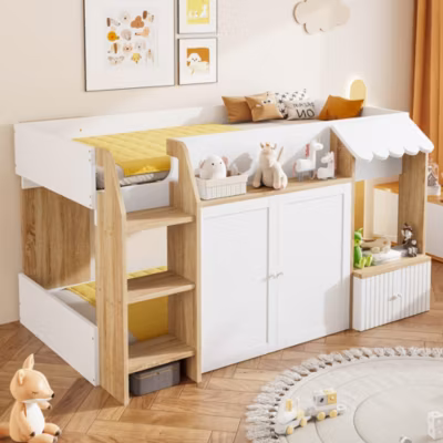 Lit Mezzanine enfant 90×200 cm avec Échelle et Rangement Ouvert – Bois Massif Naturel et Blanc, Sans Matelas