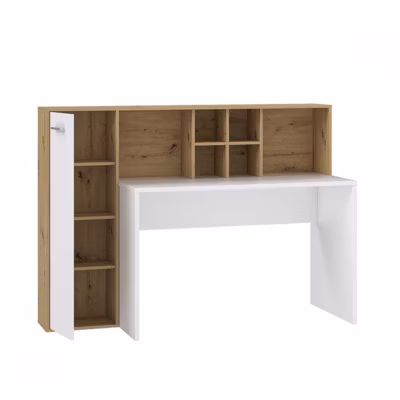 Bureau droit avec rangements décor chêne rustique et blanc mat – KEVAN