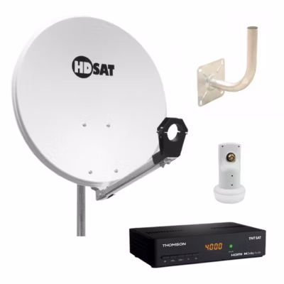 Pack  Parabole satellite acier 60cm Support LNB + LNB Single + Décodeur Satellite HD TNTSAT ASTRA + Carte + Bras coudé HDSAT