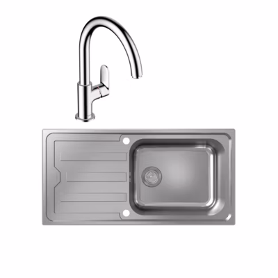 Evier 1 bac HANSGROHE S44 inox + robinet de cuisine HANSGROHE Vernis Blend M35 210 chromé