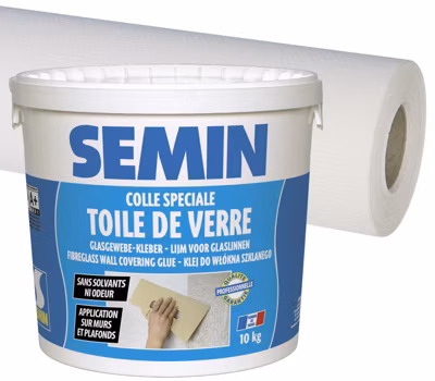 Colle en Pâte pour Toiles de Verre Semin, Seau de 10 kg et Toile de Verre pour Murs et Plafonds, Motif Maille, 25 m x 1 m