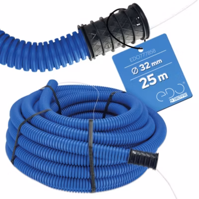Gaine électrique enterrée FI32 mm 25 m EDO annelée double paroi avec tire fil et manchon 450 N bleue EDO
