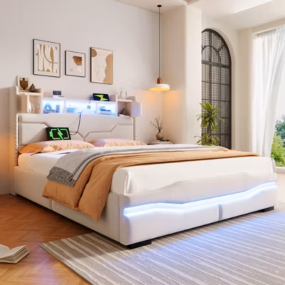Canapé-lit 140×200 cm avec coffre hydraulique, éclairage LED multicolore piloté, revêtement lin beige