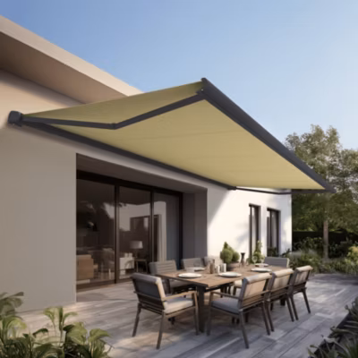 Store banne Coffre intégral PROTECT 2 SMART Gris Anthracite 6×3,5m Motorisé à télécommande + Capteur Vent – Toile Ecrue