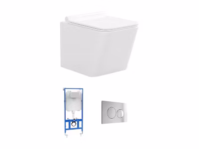 Pack WC suspendu blanc avec bâti-support et plaque de déclenchement chrome ronde – CLEMONA