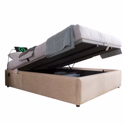Lit 160×200 cm sommier relevable coffre de rangement tapissé lin beige naturel, structure bois massif